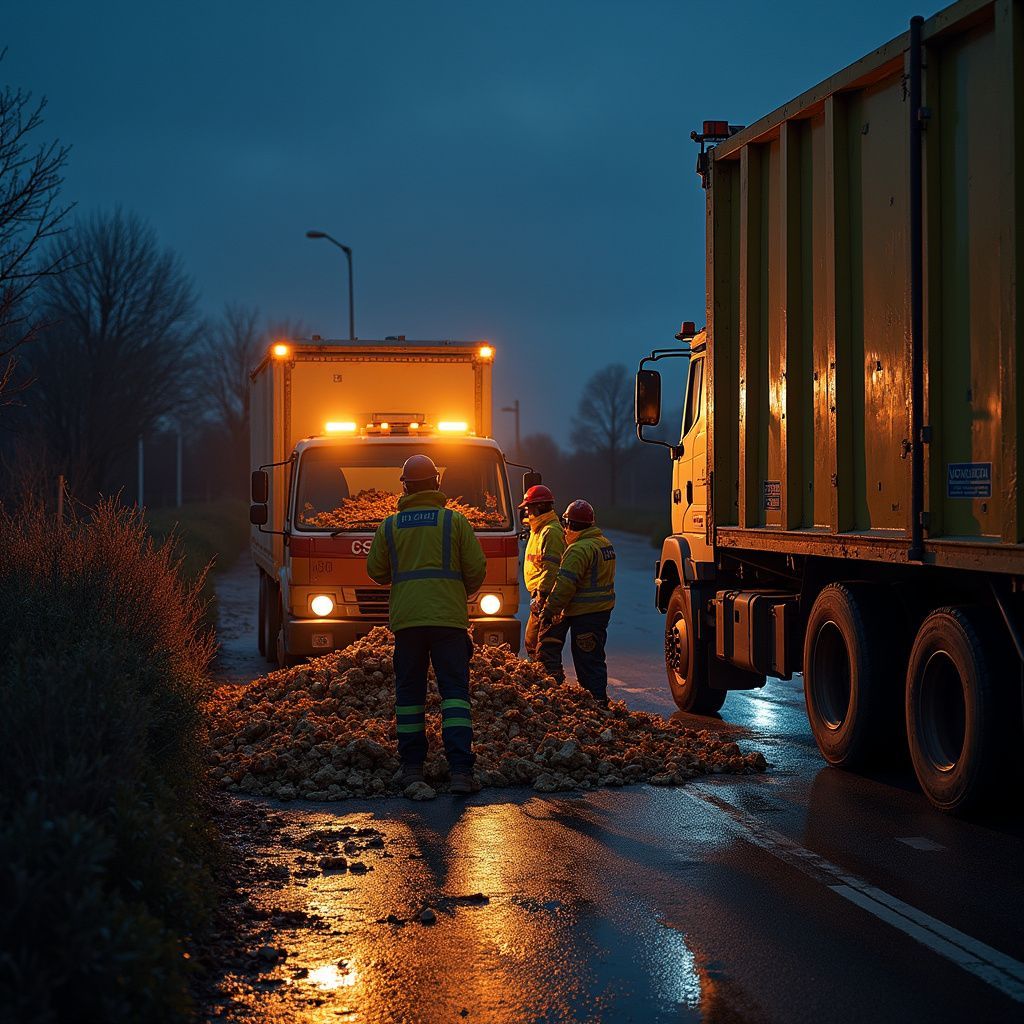Road workers in yellow vests clean up spilled produce on a wet road at dusk near two large trucks.
