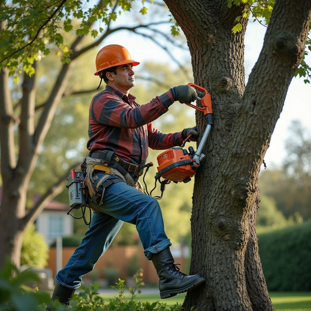 Arborist in orange helmet and flannel shirt using a chainsaw on a tree, secured by a harness.