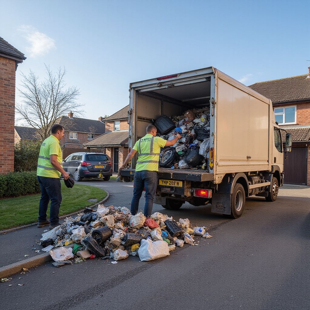 Two sanitation workers emptying trash bags onto a street from a truck in a residential area.