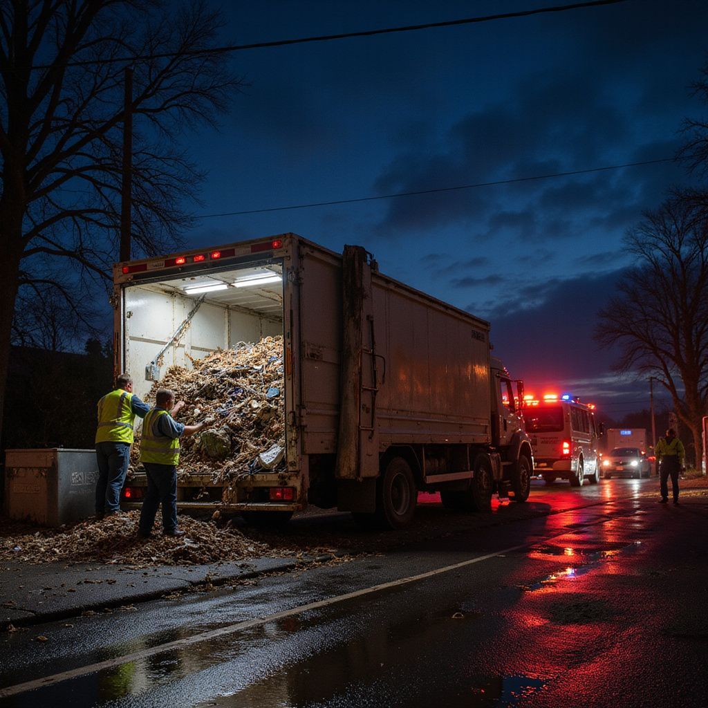 Garbage truck, workers loading leaves at night. Emergency lights flash. Dark street with wet asphalt.