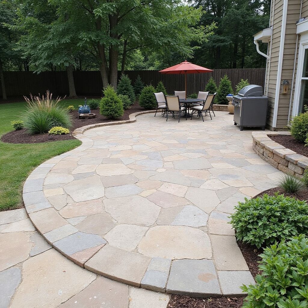 Stone patio with dining set, grill, and landscaping in a backyard.