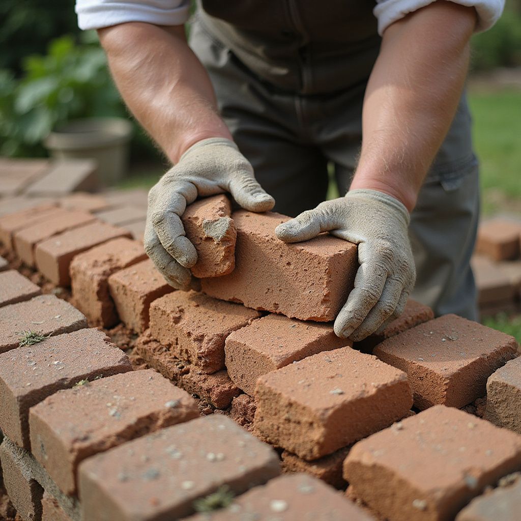 A person wearing work gloves lays a red brick on a brick wall outdoors.