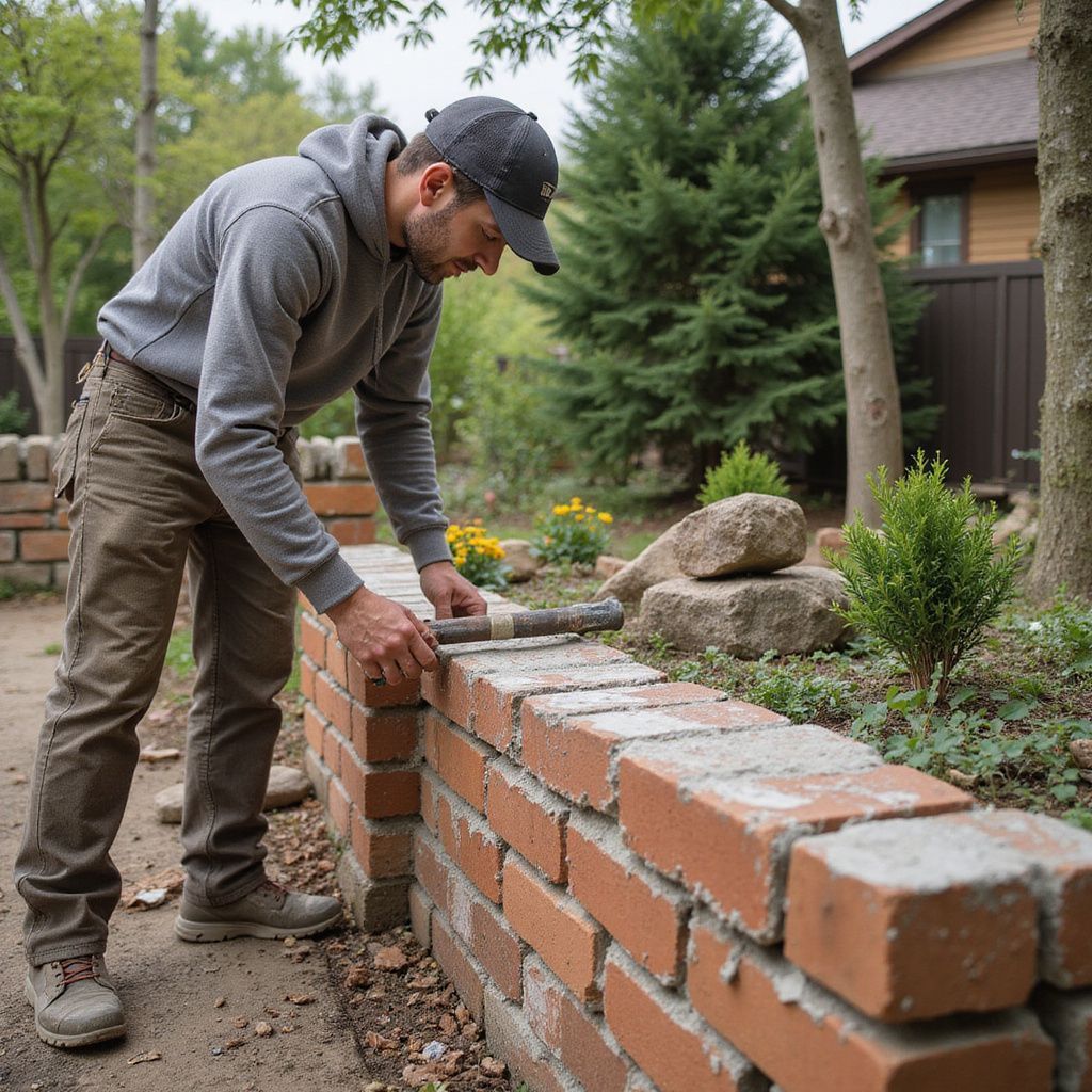 Man building a brick wall outdoors, wearing gray hoodie, cap, and work pants.