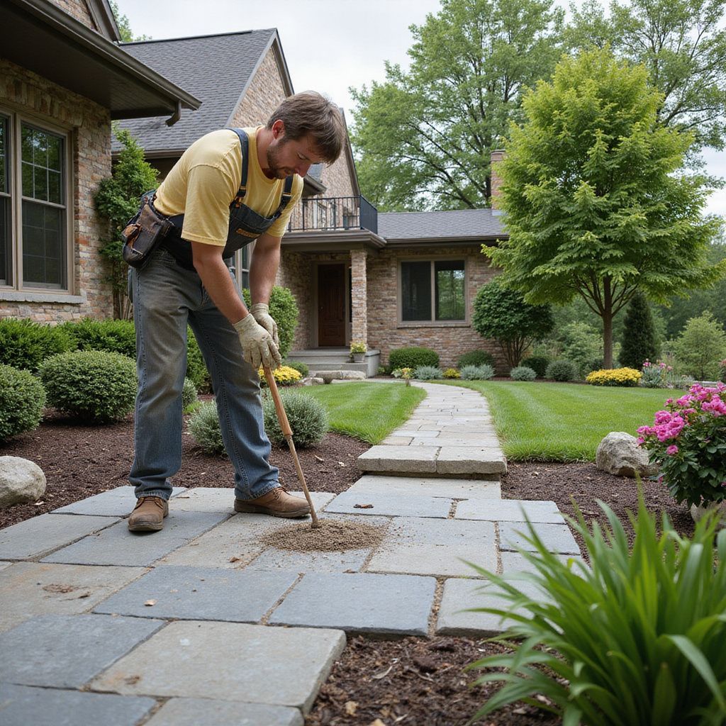 Man in overalls planting in a garden walkway near a brick house.