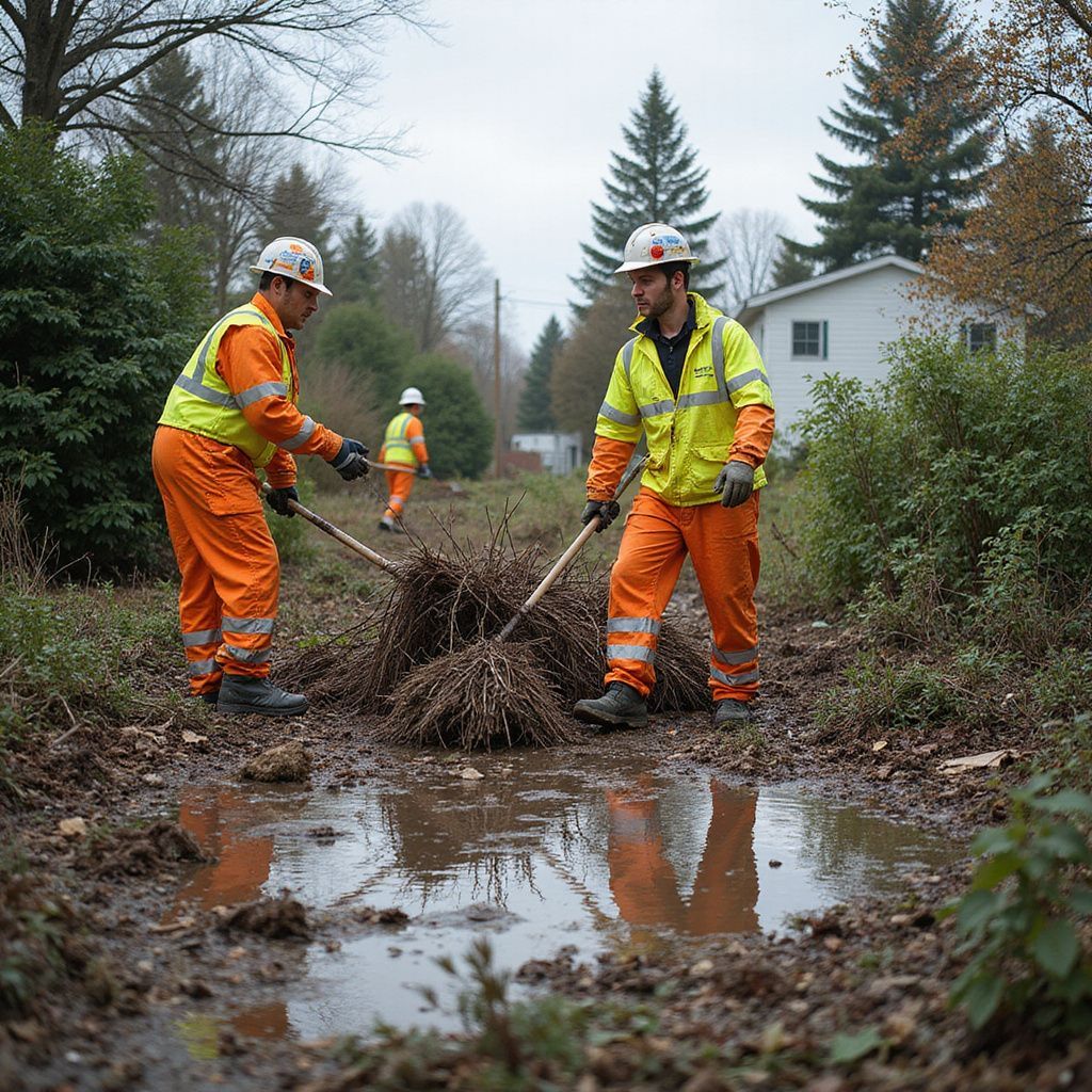 Three workers in safety gear clearing debris from a muddy ditch in a residential area.