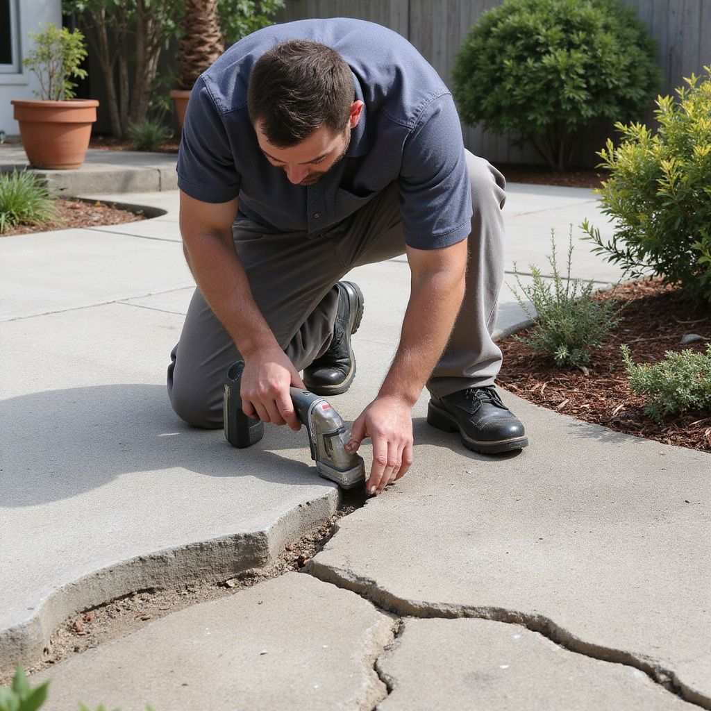 Man in work clothes cuts a cracked concrete sidewalk with a power tool outdoors.