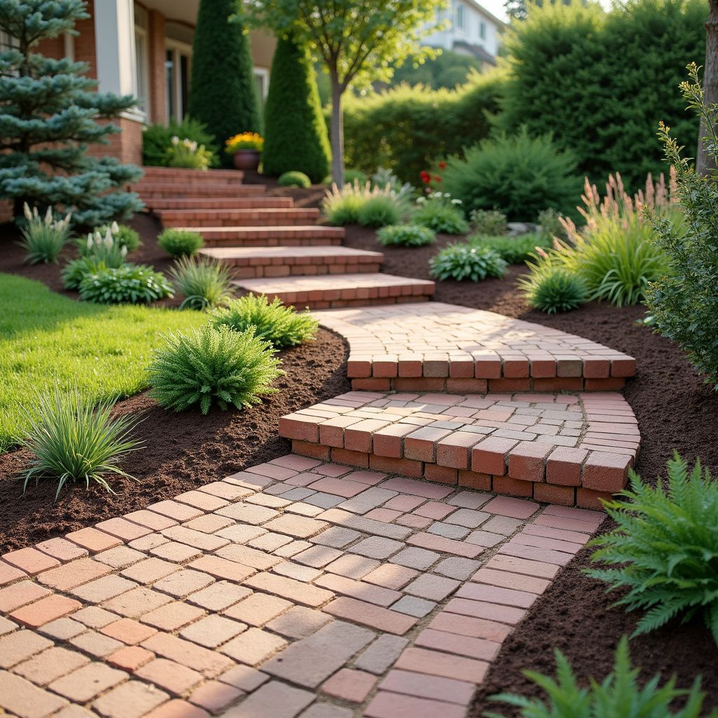 Brick pathway and steps leading up to a house surrounded by lush green landscaping.