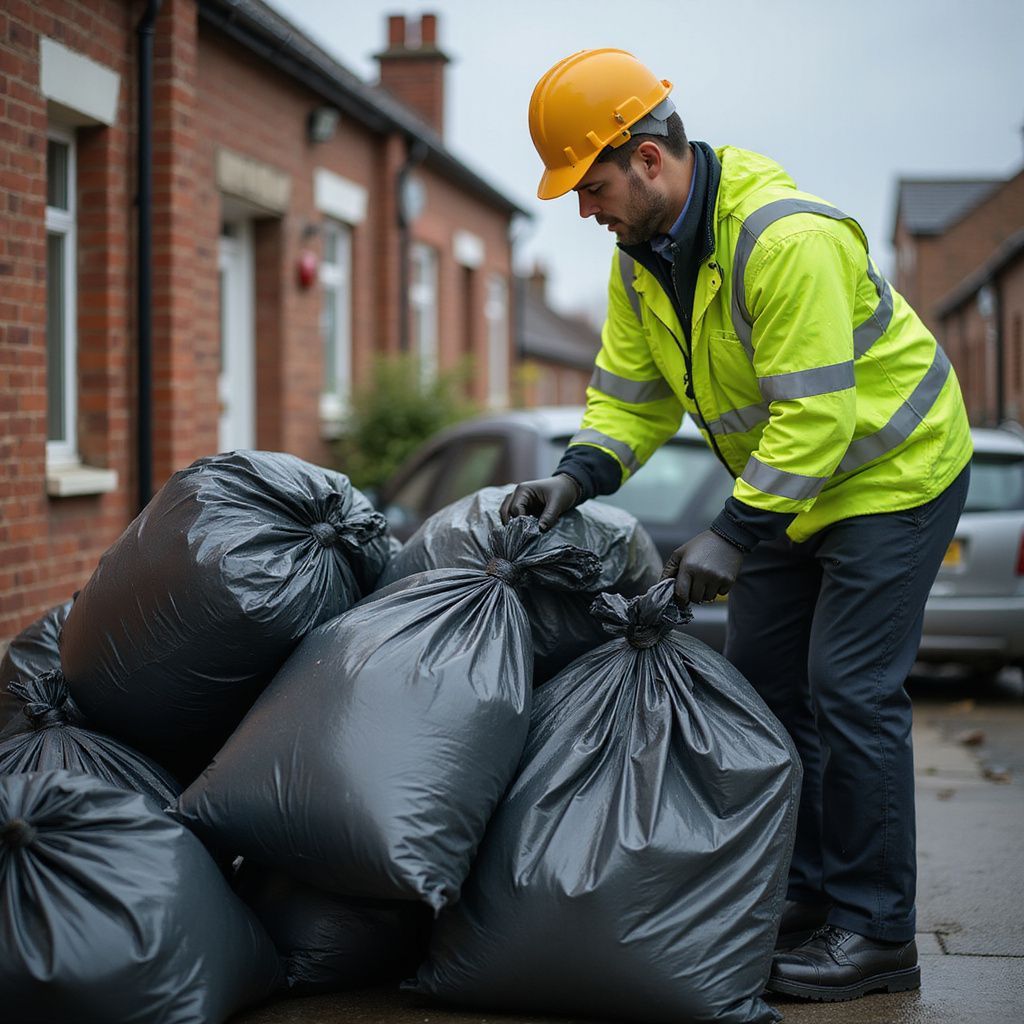 Man in reflective vest and hard hat by pile of black trash bags in a residential area.