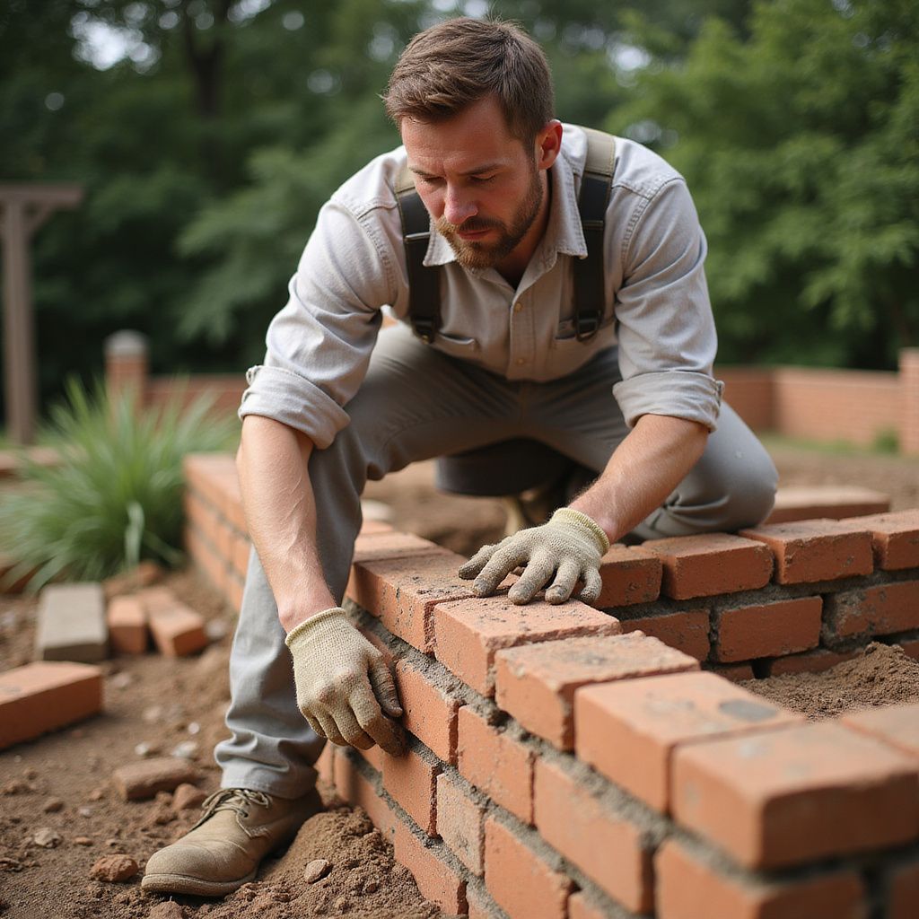 Man laying bricks in an outdoor setting, wearing work clothes and gloves.