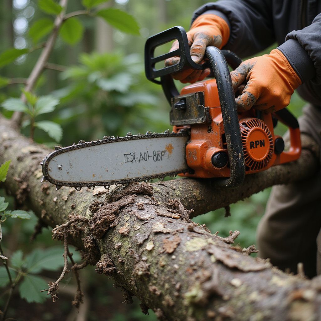 Person using an orange chainsaw to cut a tree branch in a forest.