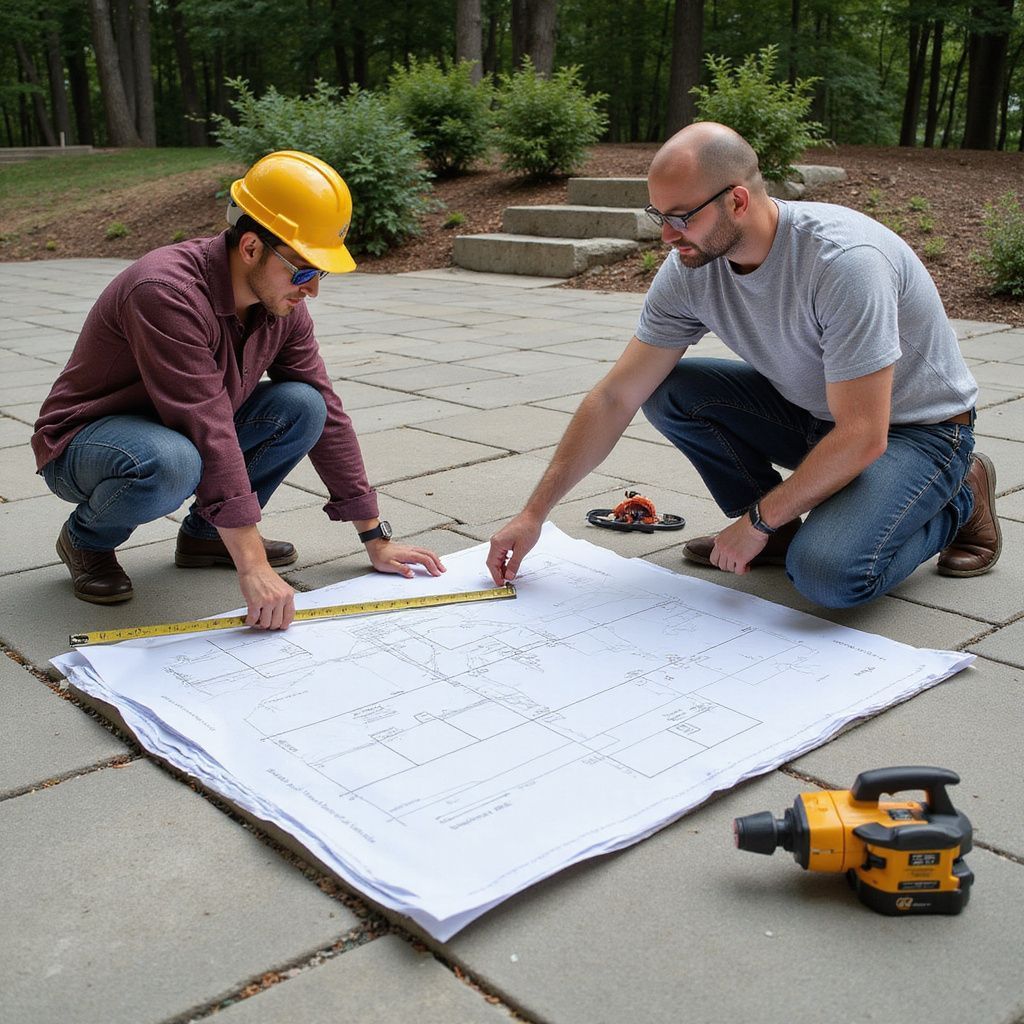 Two men crouch on a patio, examining blueprints, one in a hard hat, measuring with a tape measure.