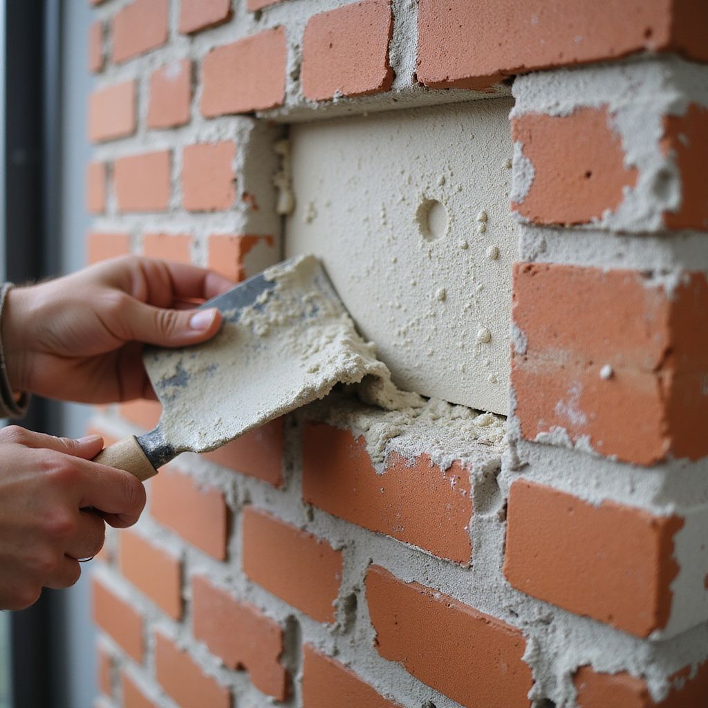 Person using a trowel to apply mortar to a rectangular opening in a red brick wall.
