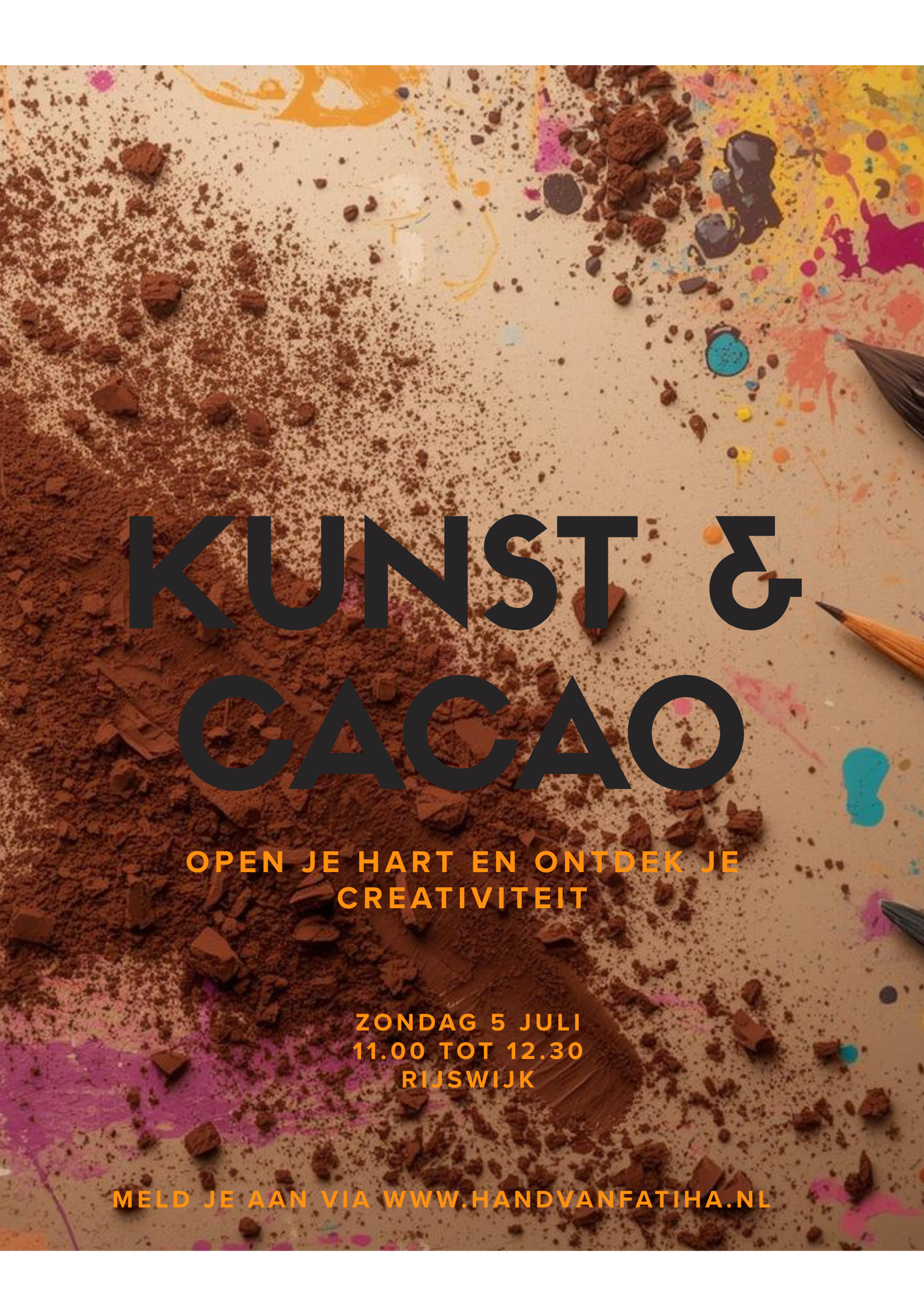 Flyer Kunst & Cacao, zondag 5 juli, Rijswijk, met cacao en verfkwasten op warme achtergrond