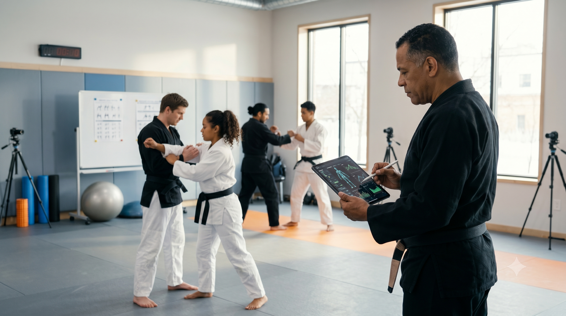 Martial arts class in a bright studio, with students practicing drills while an instructor watches and holds a tablet.