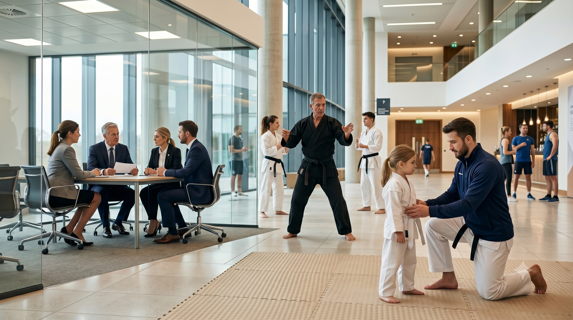 People in a bright office lobby, with a man kneeling and assisting a child near the foreground.