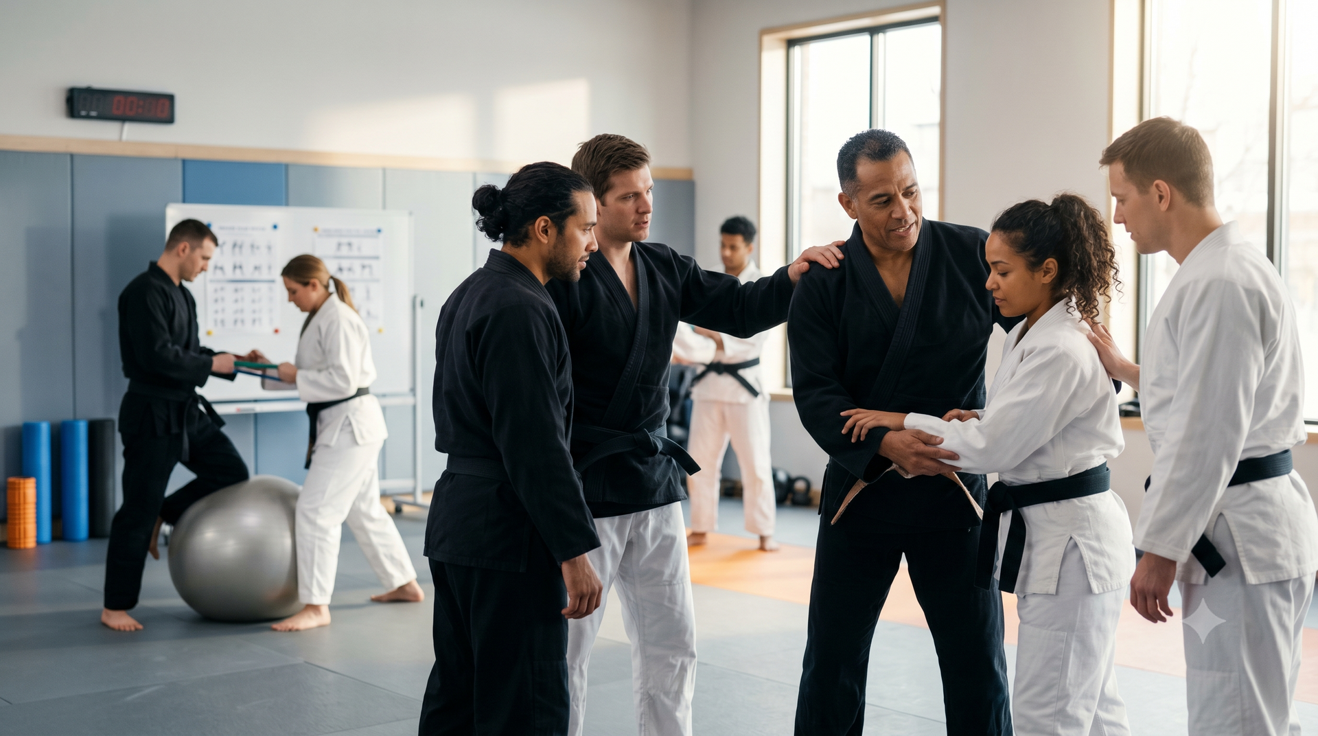 Martial arts class with instructor demonstrating a wrist hold to students in a bright training studio