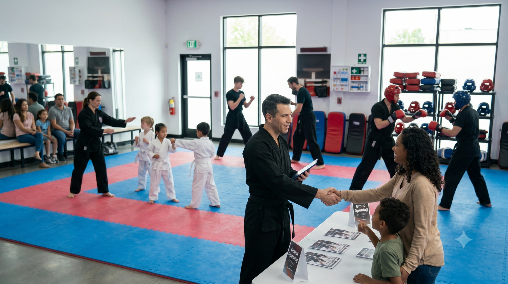 Martial arts class in a gym, with students practicing on red and blue mats and instructors at the front.