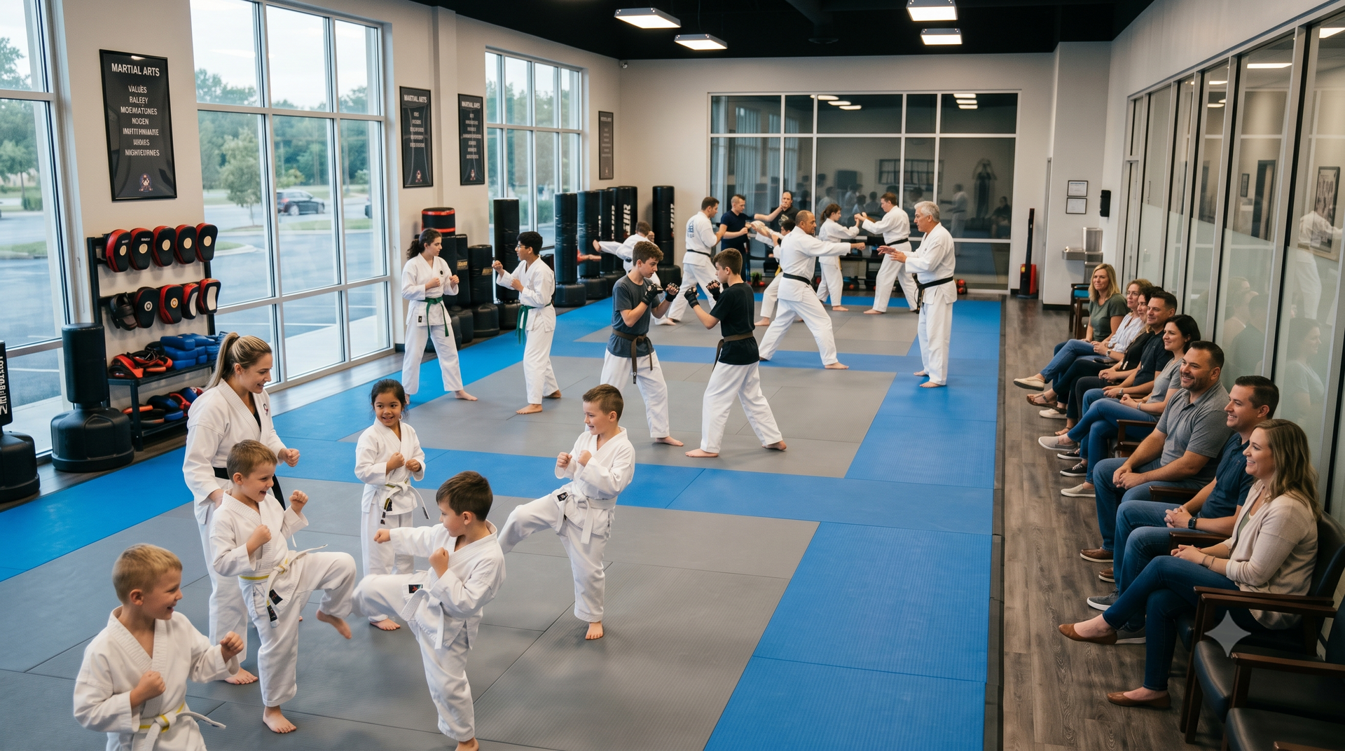 Martial arts class with children in white uniforms practicing kicks on blue mats, spectators seated along the wall.