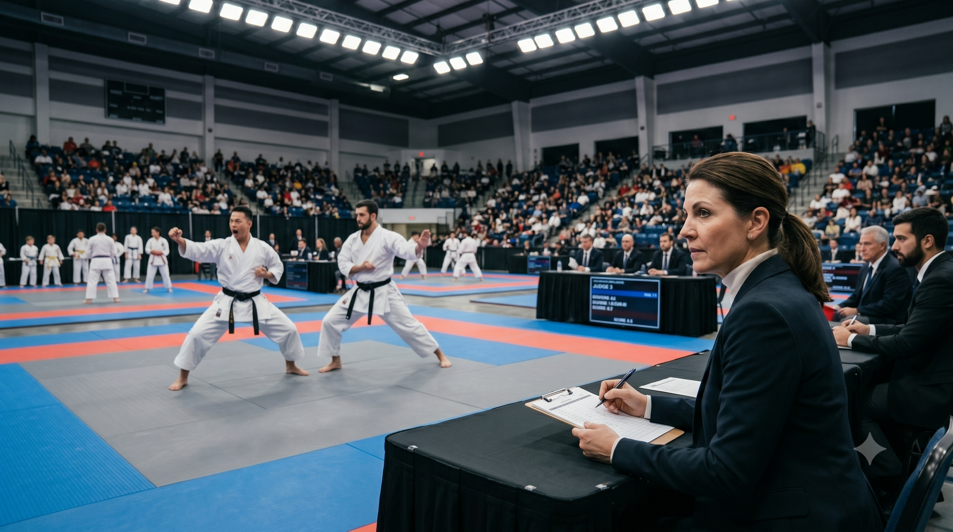 Karate match on blue mats in a crowded arena, with a judge seated at ringside