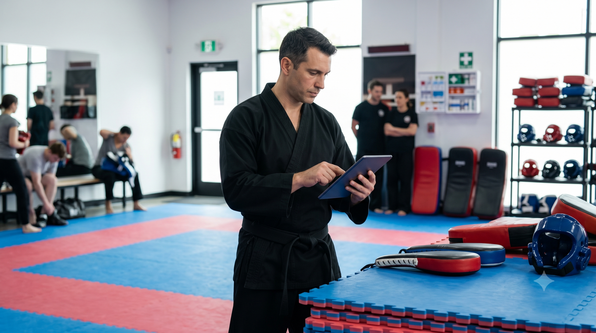 Martial arts instructor in black uniform checking a tablet in a dojo with mats and training gear