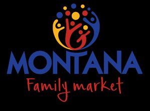 A colorful logo for montana family market on a black background