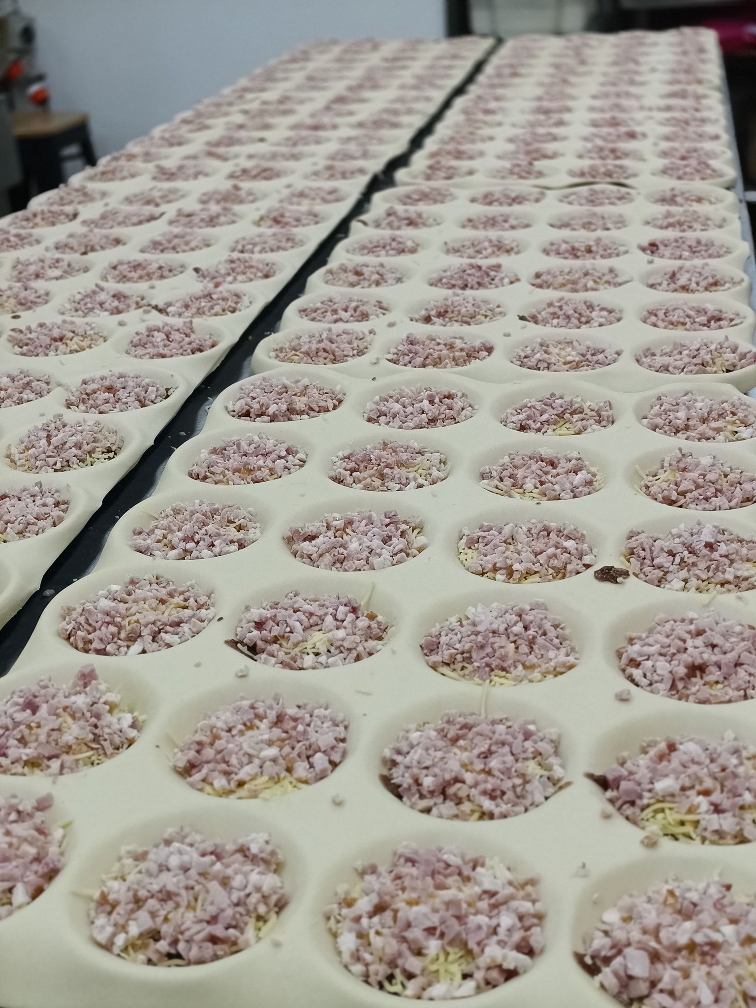 Rows of filled ravioli molds on a conveyor belt, ready for production — Atherton Bakehouse in Atherton, QLD