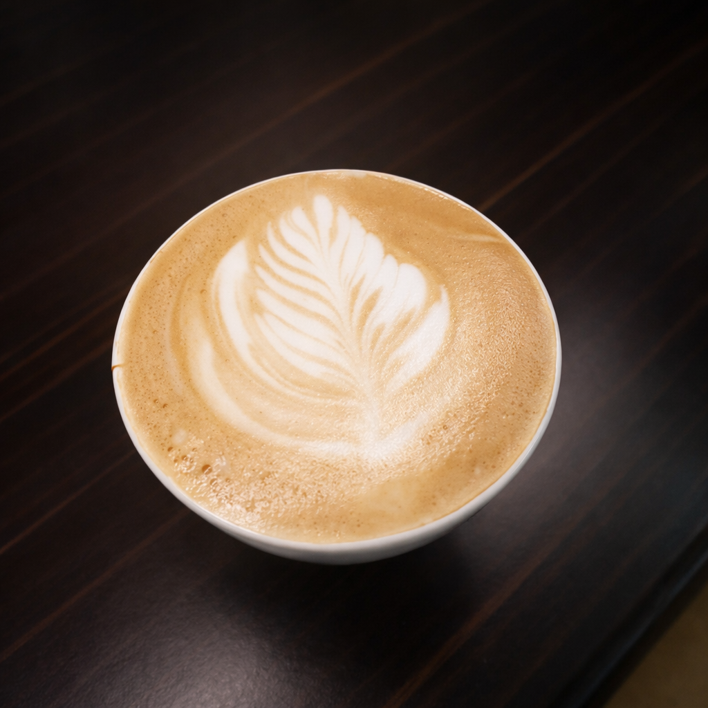 Latte with leaf-shaped foam art in a white cup — Atherton Bakehouse in Atherton, QLD