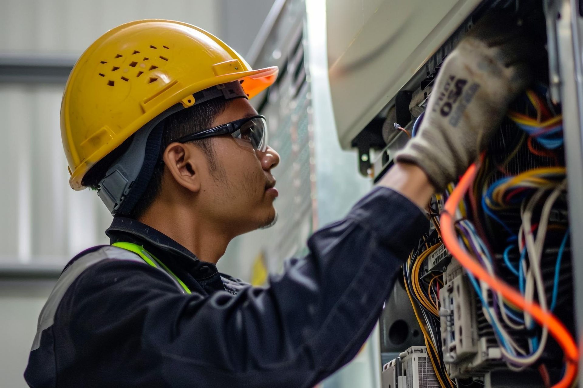 Electrician in yellow hard hat and safety glasses working on wiring inside a cabinet.