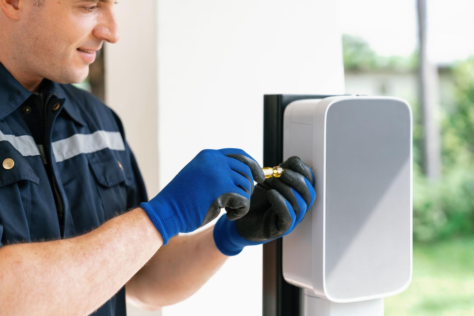 Person in blue gloves attaches a fitting to a white charging station outdoors.