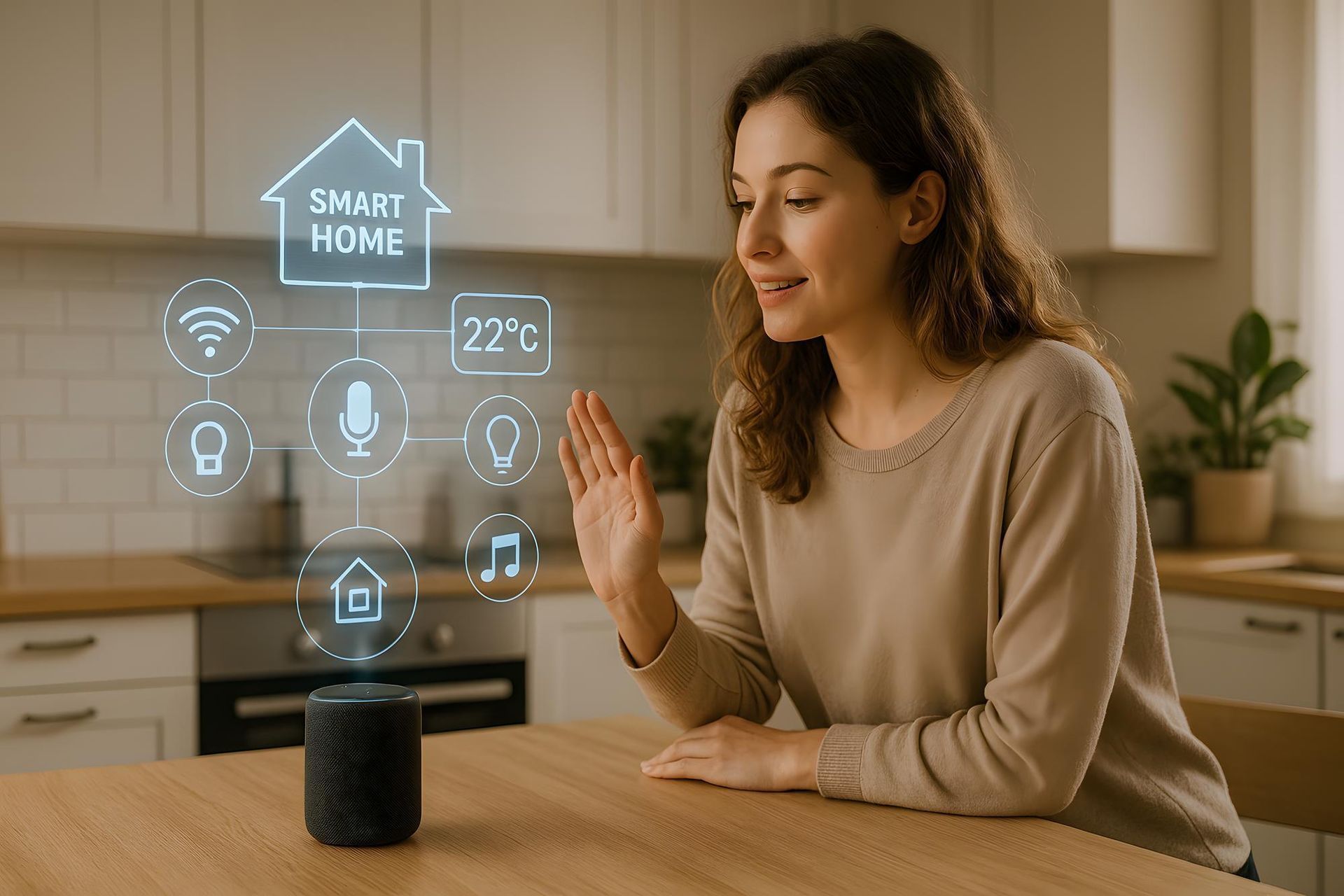 Woman interacting with a smart speaker, kitchen setting. Holographic smart home icons overlaying.