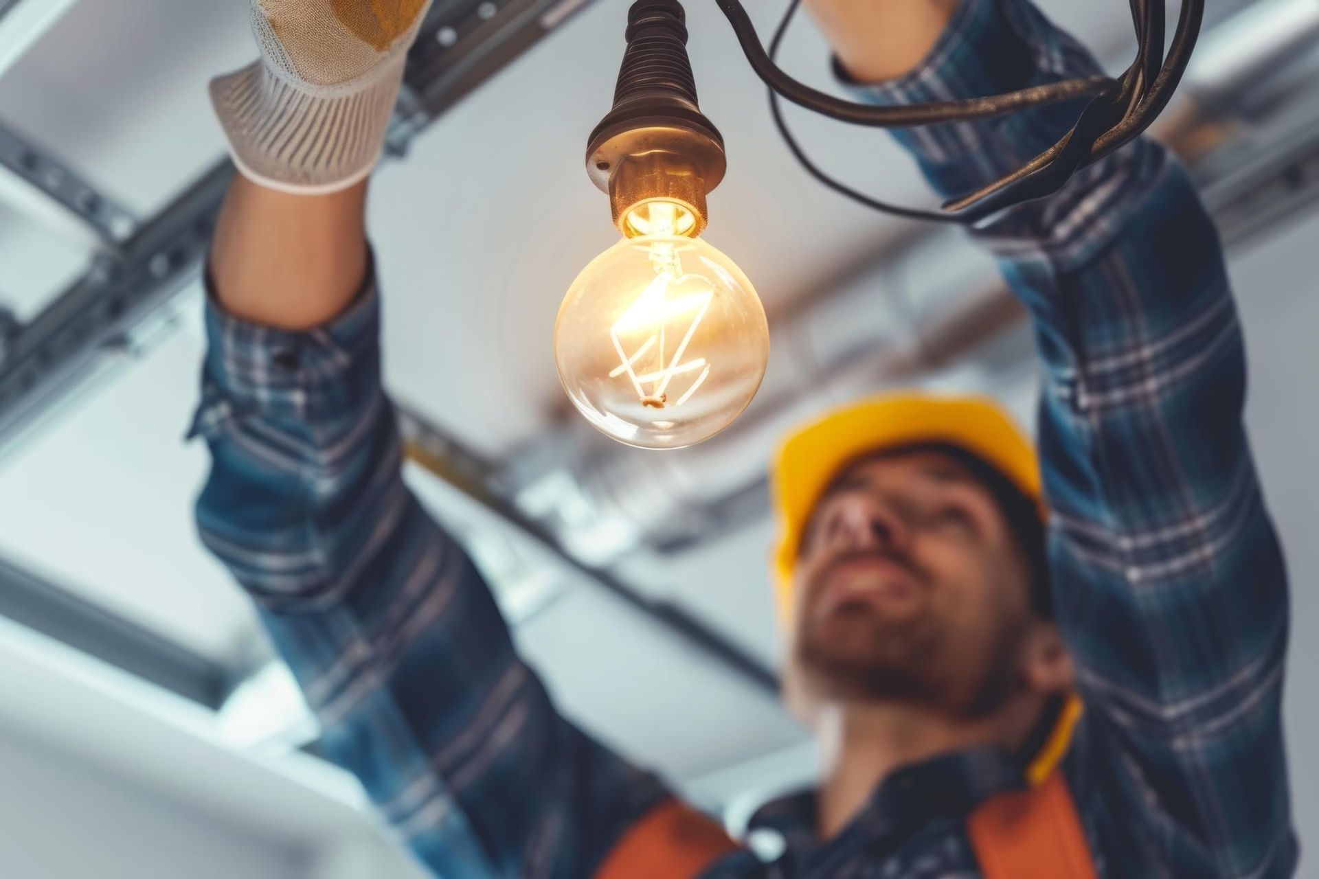 Electrician installs a lightbulb, wearing gloves and a yellow hardhat.