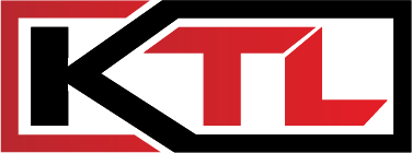 A red , black and white logo for ktl.