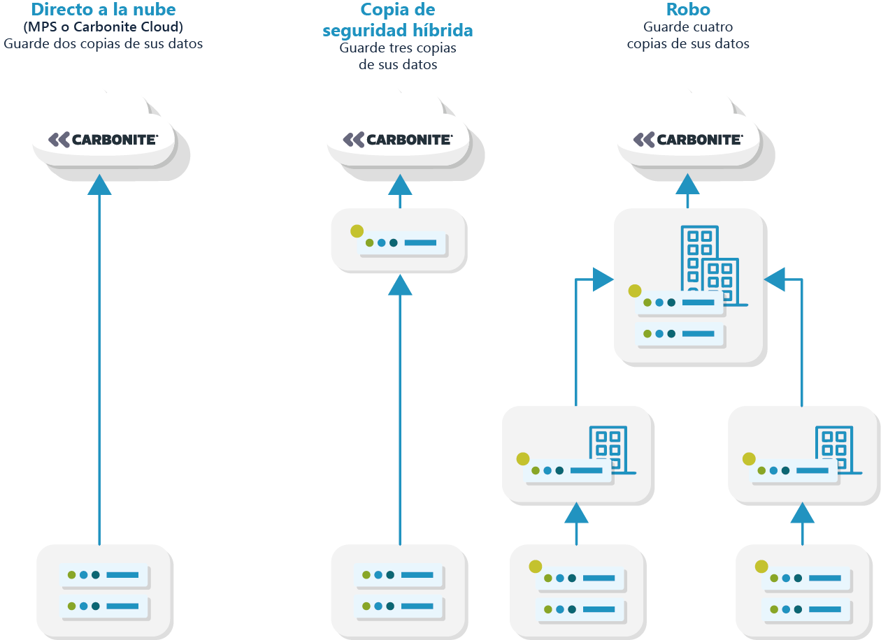 Diagrama que ilustra las opciones de respaldo de Carbonite: en la nube, híbrida y local.