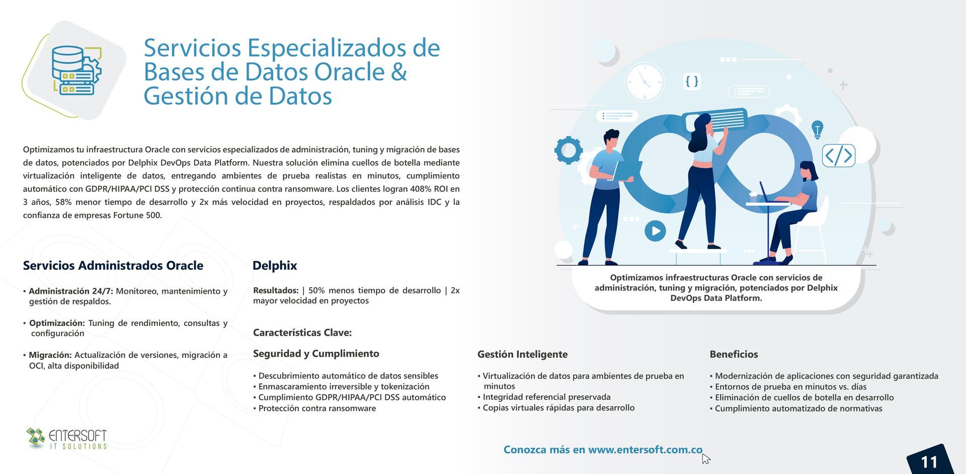 Ilustración de personas trabajando con datos, con texto sobre servicios de bases de datos especializados.