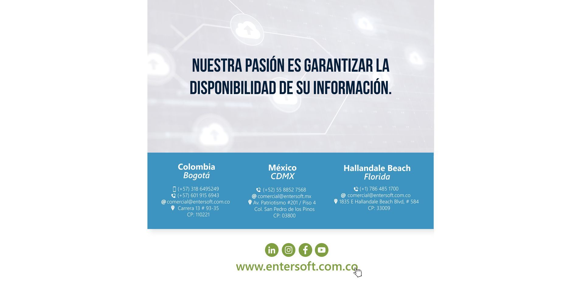 Fondo blanco con texto sobre disponibilidad de información, debajo hay una sección azul con detalles de la empresa.