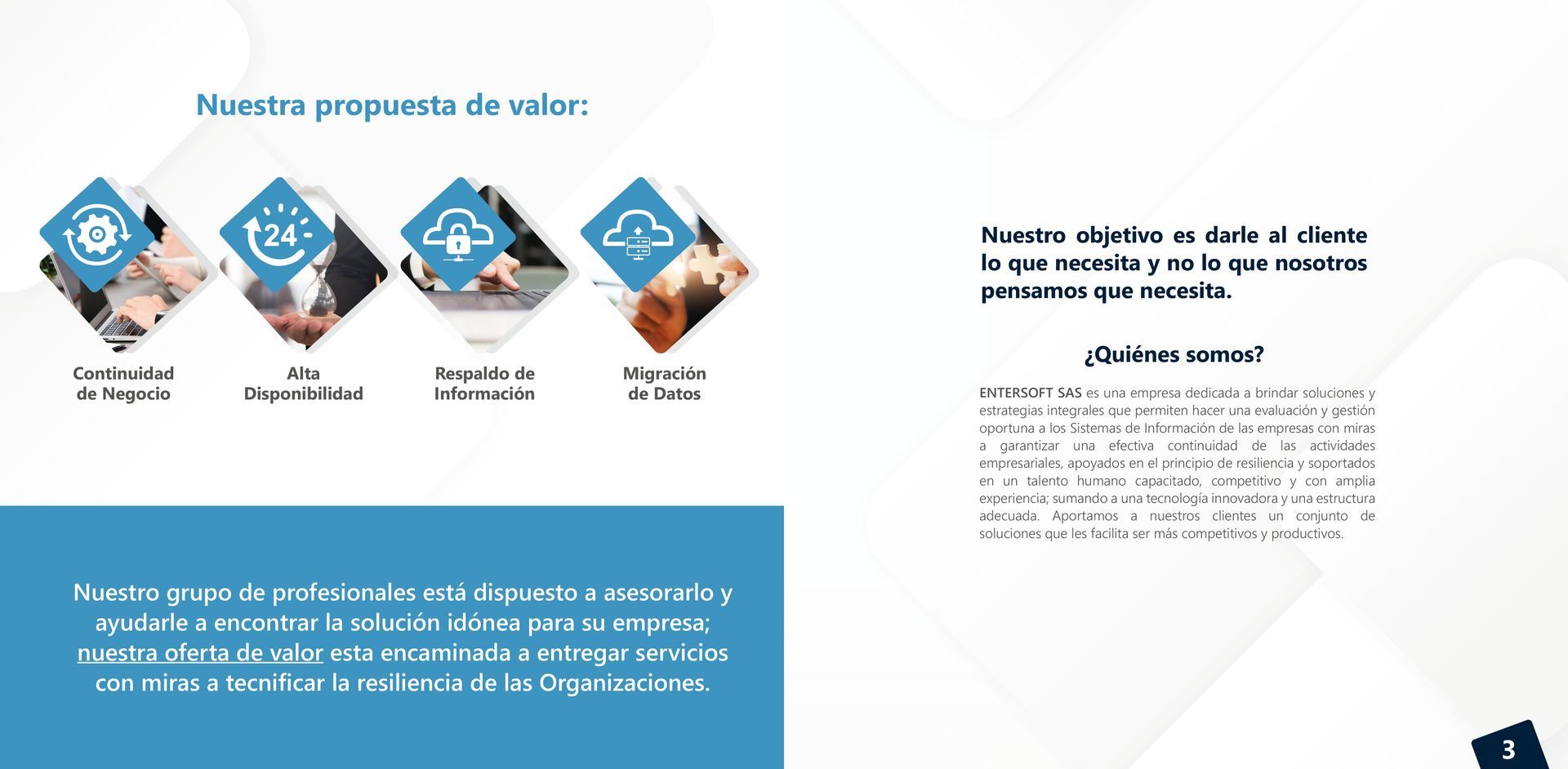 Diapositiva con íconos de propuesta de valor y texto de apoyo, incluido 