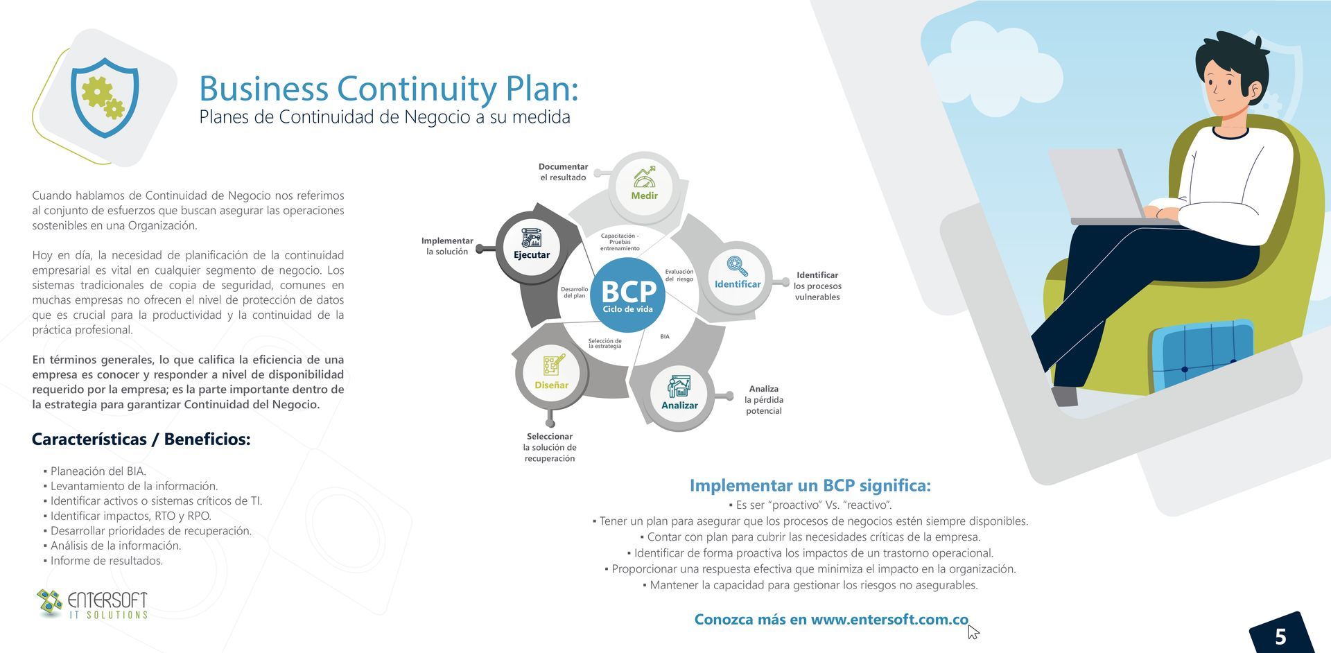 Presentación del Plan de Continuidad de Negocio con un diagrama y una persona trabajando en una computadora portátil.