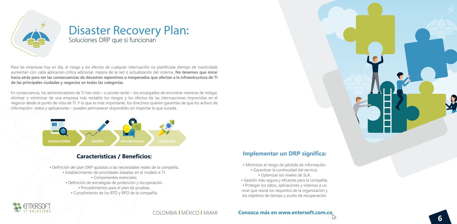 Gráfico del plan de recuperación ante desastres con pasos del proceso y personas ensamblando piezas del rompecabezas.