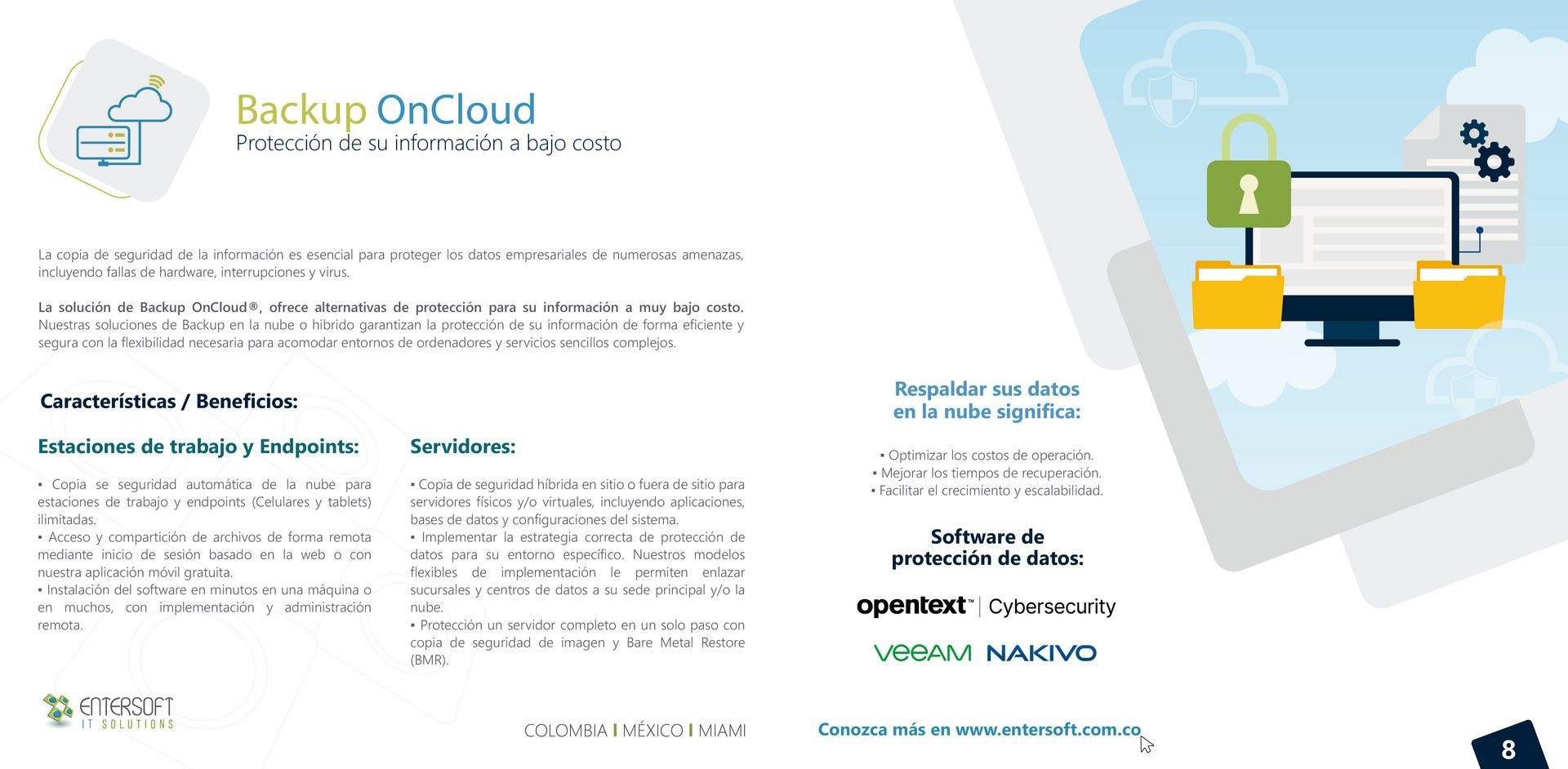 Folleto publicitario de Backup OnCloud con ordenador, gráfico en la nube y logotipos.