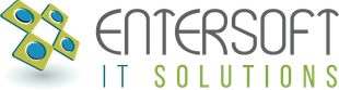 Logotipo para Entersoft IT Solutions con cuadrados y texto superpuestos.