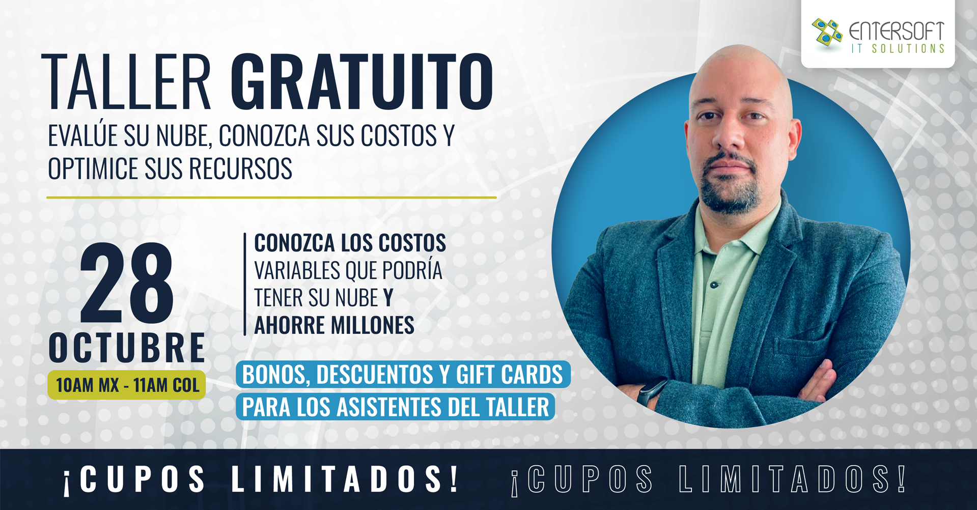 Taller gratuito sobre optimización en la nube, con un hombre de traje. 28 de octubre, con bonos y plazas limitadas.
