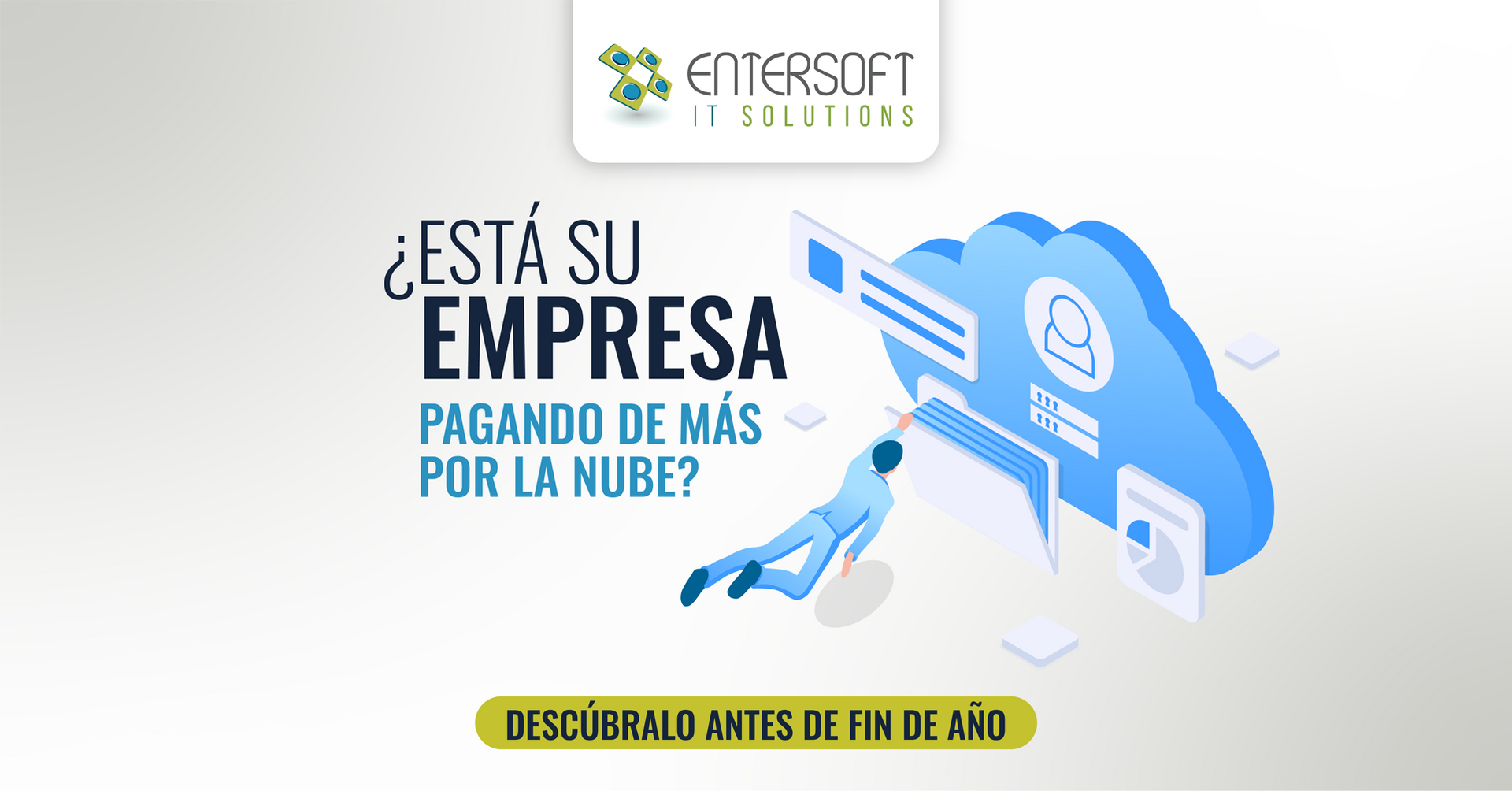 Advertisement asking if your company is overpaying for cloud services. Man floating to a cloud.