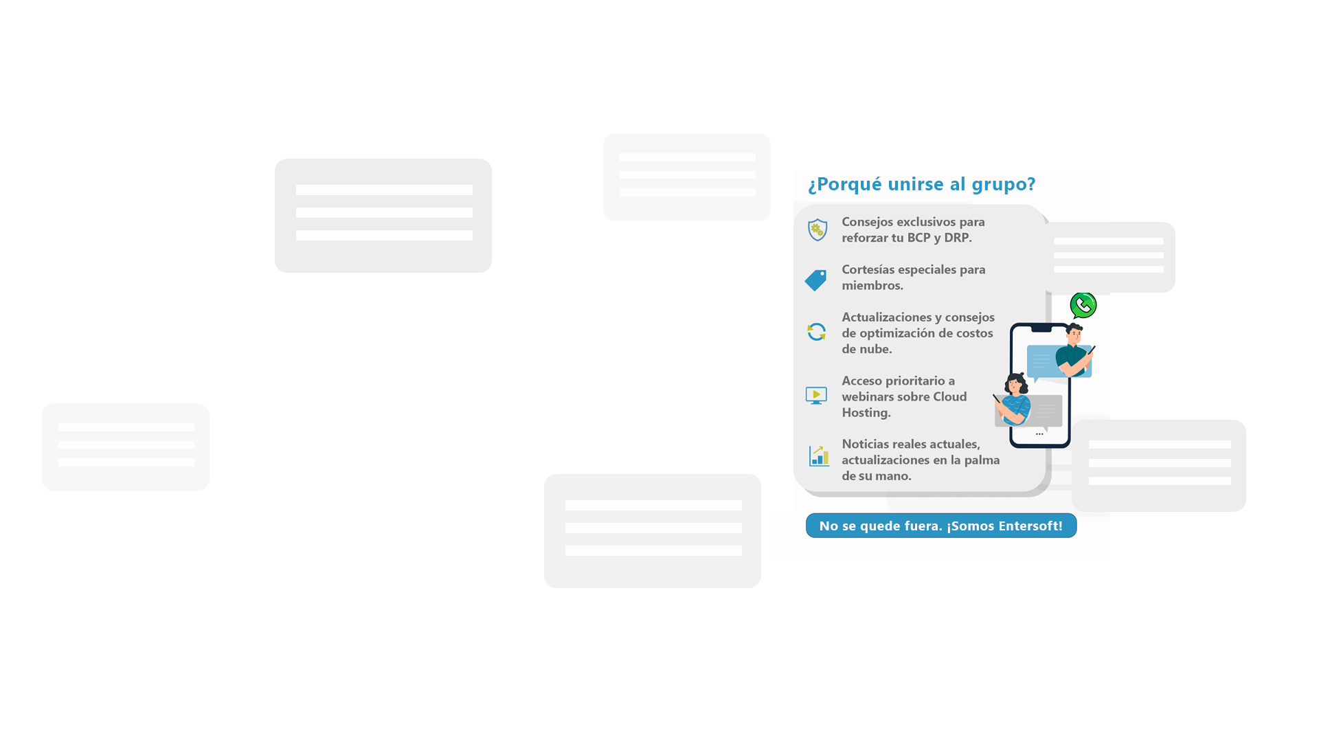 Fondo blanco con varios cuadros de texto y un teléfono inteligente que muestra las instrucciones de la aplicación.