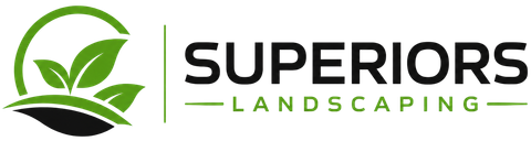 Green leaf logo with black and lime text reading “SUPERIORS LANDSCAPING”