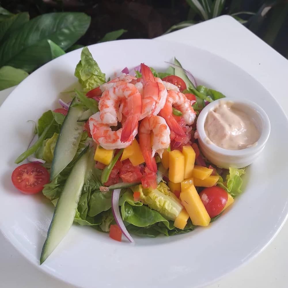 A Salad With Shrimp And Vegetables On A White Plate — Vines at 139 in Grafton, NSW