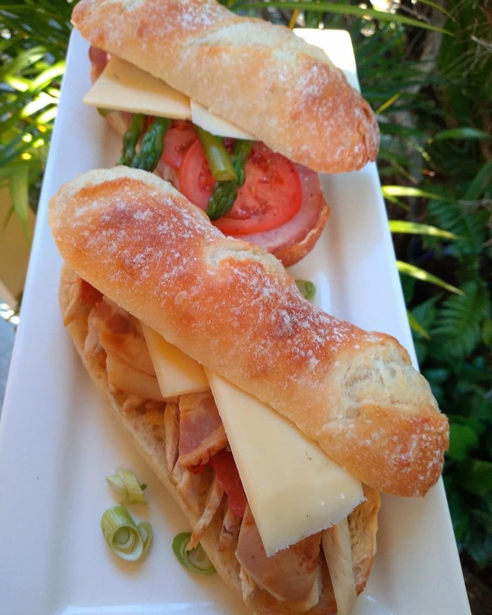 Two Sandwiches On A White Plate With Tomatoes And Cheese — Vines at 139 in Grafton, NSW