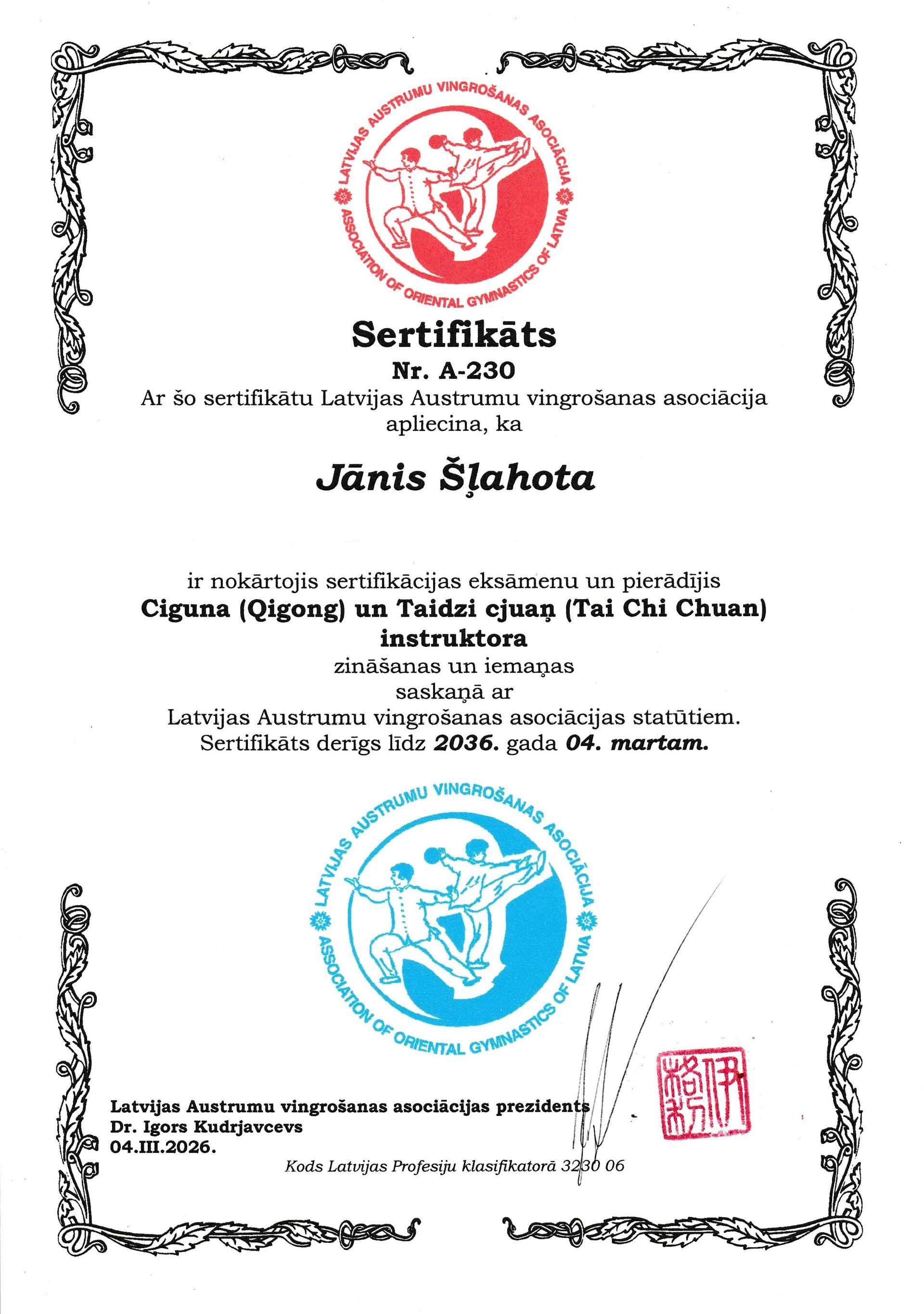 ciguns, cigun, taidzi, taichi, sertifikāts, Jānis Šļahota