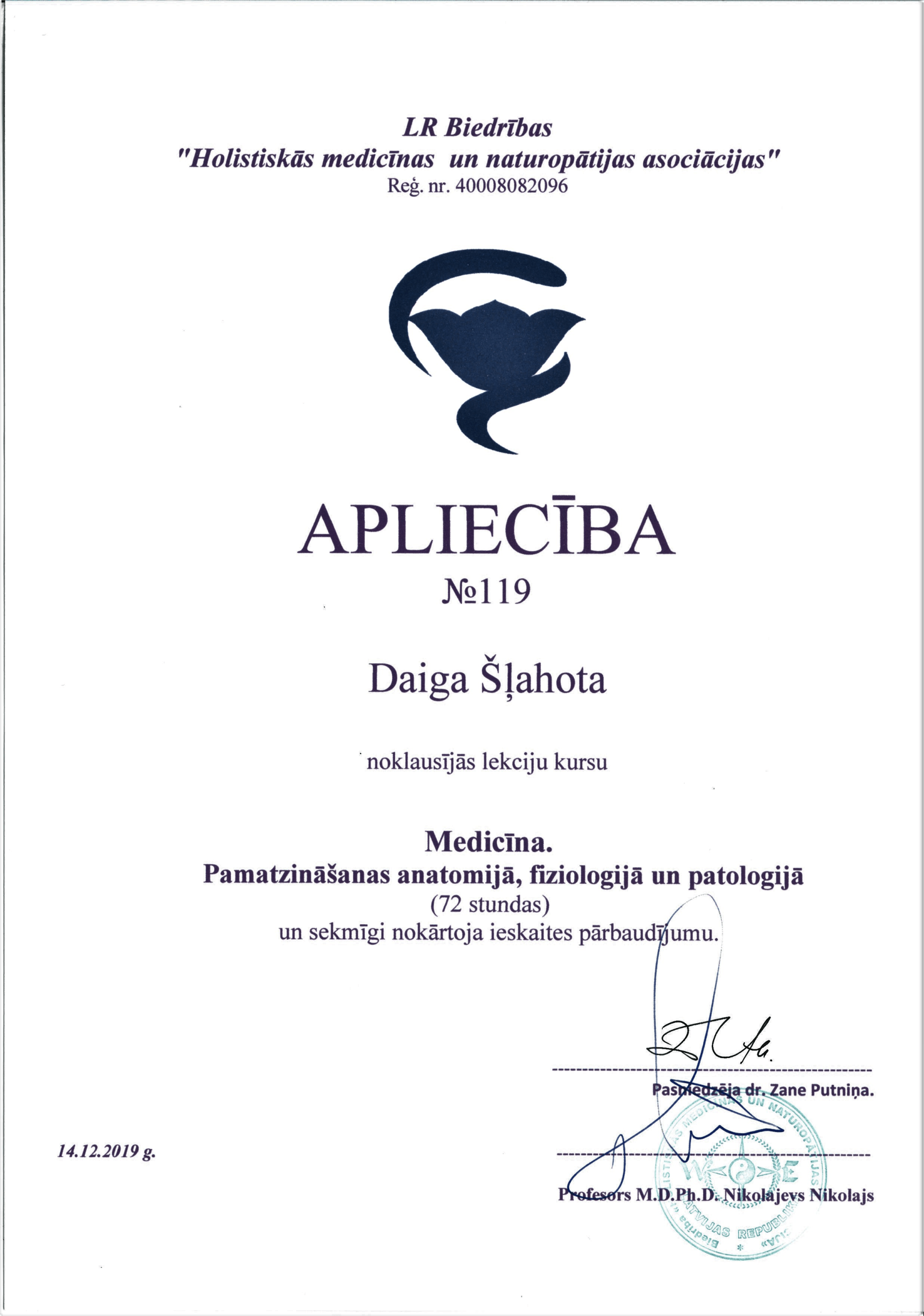 Apliecība, medicīnas kursi, Daiga Šļahota,  Reiki, Рейки