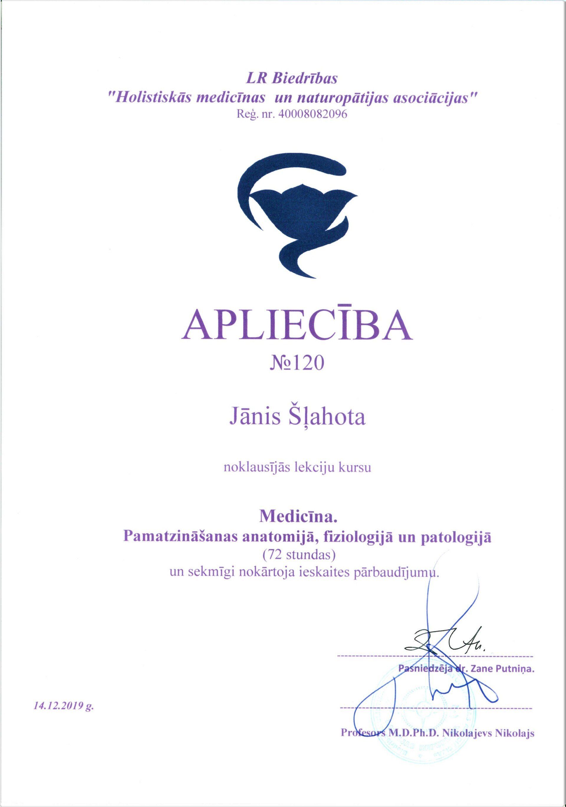 Apliecība, medicīnas kursi, Jānis Šļahota, Reiki, Рейки