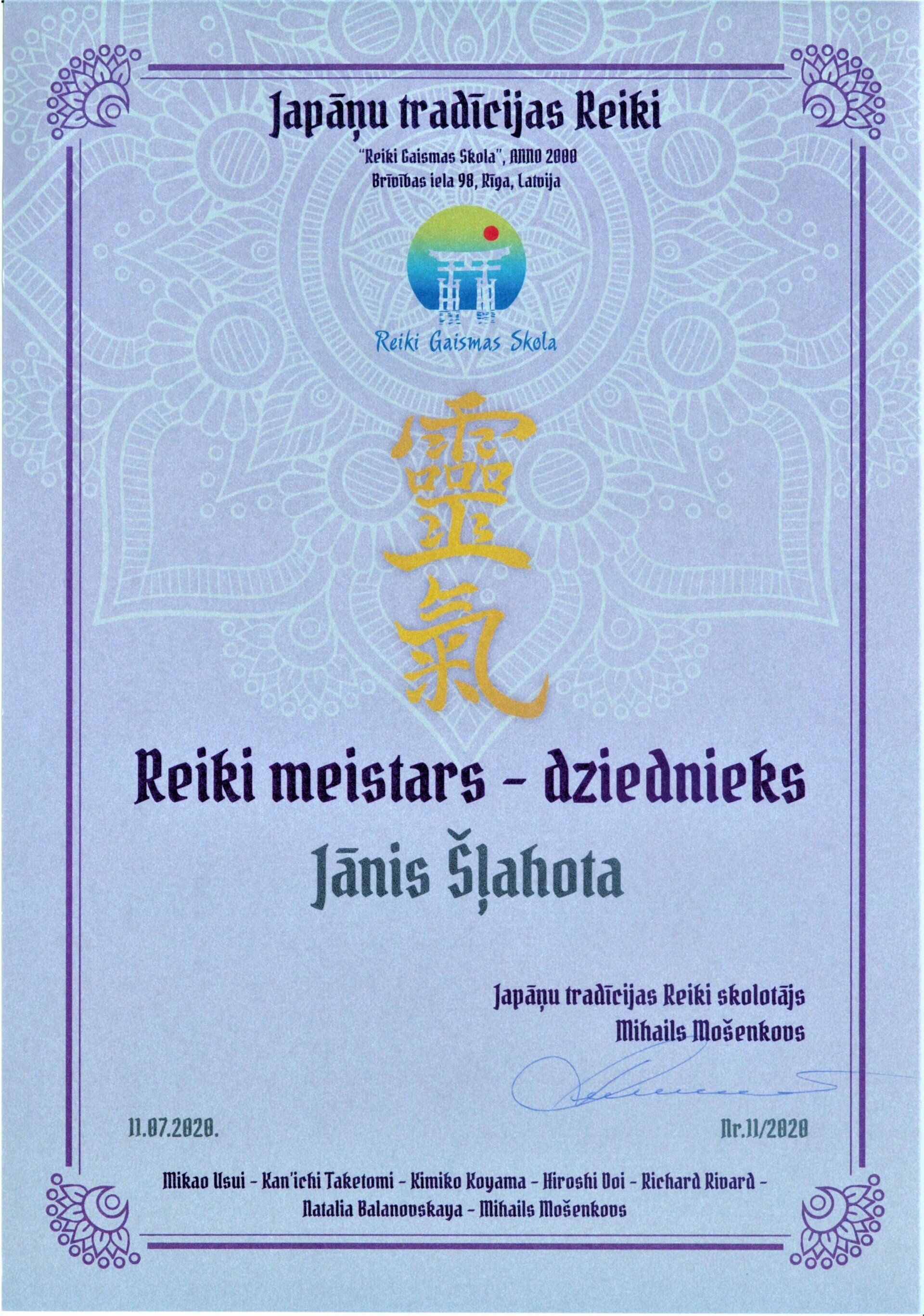 Reiki meistars, dziednieks, Jānis Šļahota, Reiki, Рейки